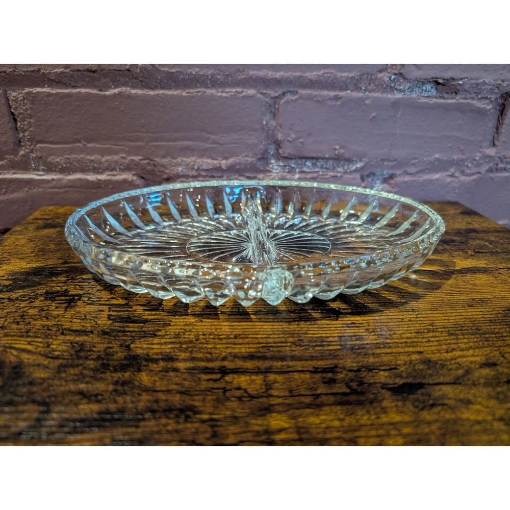 Gorham Oval Divided Crystal Dish Sunburst Cut Glass Relish Serving Tray 9 Inch